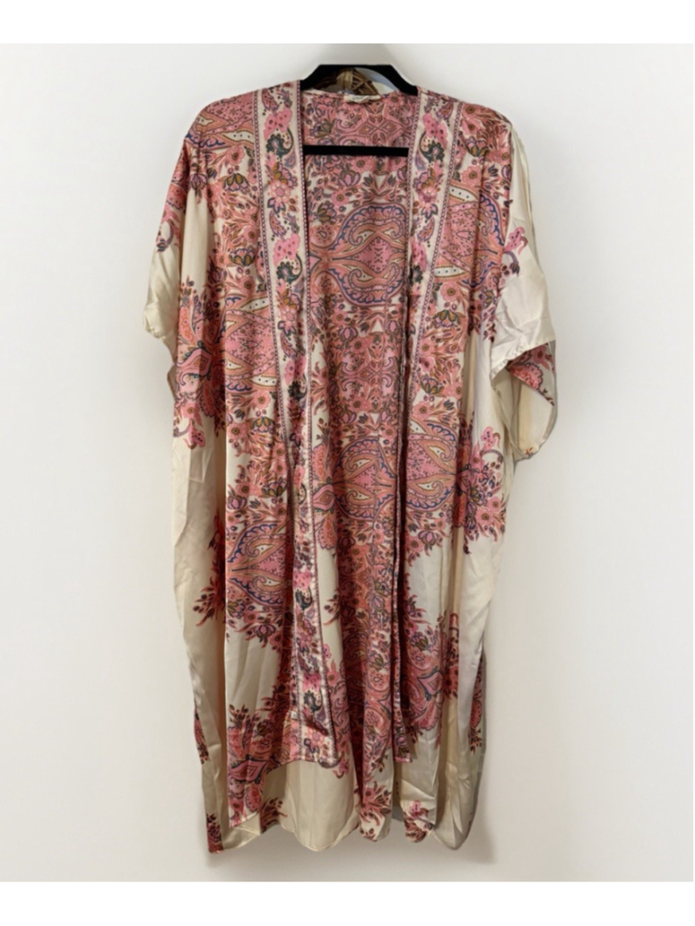 Umgee Boho Paisley Kimono Duster Cardigan Pink Cream Open Front M/L